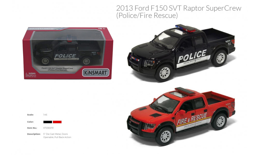 Модель джип 5" KT5365WPR FORD F-150 SVT RAPTOR SUPERCREW полиц/пожарн.метал.инерц.откр.дв.кор./96/
